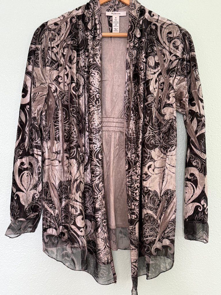 Style & Co Open-Front Gray Silver Velvet Paisley Cardigan Size M
